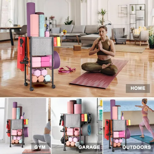 Vista 5 de Estante de Almacenamiento para Esterilla de Yoga, Equipo de Gimnasio en Casa, Organizador de Equipo de Entrenamiento, Soporte para Esterilla de Yoga