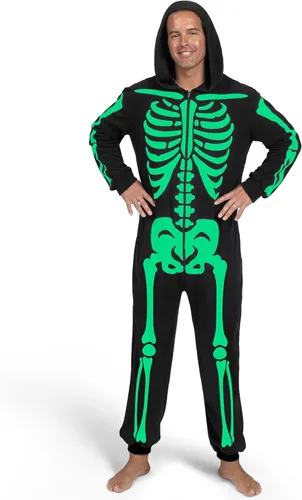 Vista 7 de Spooktacular Creations Disfraz de esqueleto para adultos, para hombre, que brilla en la oscuridad, pijama con capucha, ropa de dormir