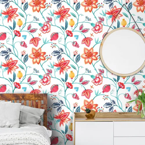 Vista 7 de VaryStyle Papel tapiz floral rojo naranja para despegar y pegar, bohemio, 17.7 x 118 pulgadas, papel de contacto con flores de bosque tropical