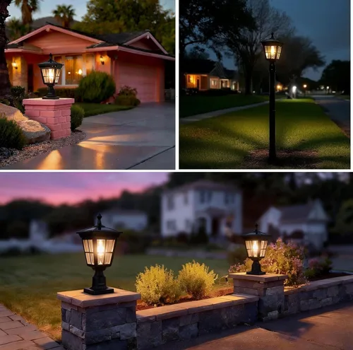 Vista 7 de Lámpara solar para poste de luz, aluminio fundido, impermeable, luces LED de pilar con vidrio para exteriores, del atardecer al amanecer, luz solar