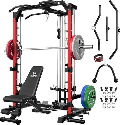 Vista 28 de JELENS SR01 Smith Machine, jaula de potencia multifunción de 2000 libras con sistema de extracción LAT, estante para sentadillas todo en uno