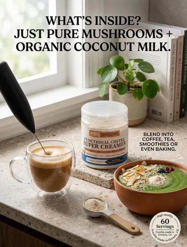 Vista 6 de PureShrooms Supercremas funcionales de café – Original – con leche de coco en polvo, aceite MCT, melena de león orgánica, Reishi, Chaga, Maitake
