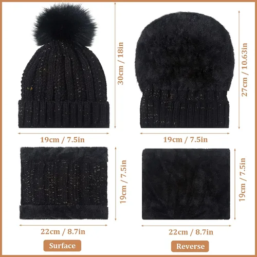 Vista 2 de 8 piezas de gorro de invierno cálido con pompón para mujer, gorro de punto calavera, calentadores de cuello, bufandas, guantes de punto