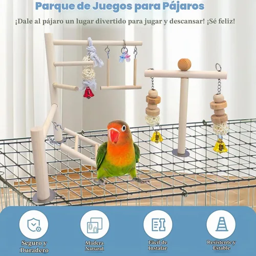 Vista 4 de PINVNBY Parque infantil para pájaros, loro, gimnasio, periquitos, jaula de juego, soporte de madera, perchas, corralito, escalar, juguete