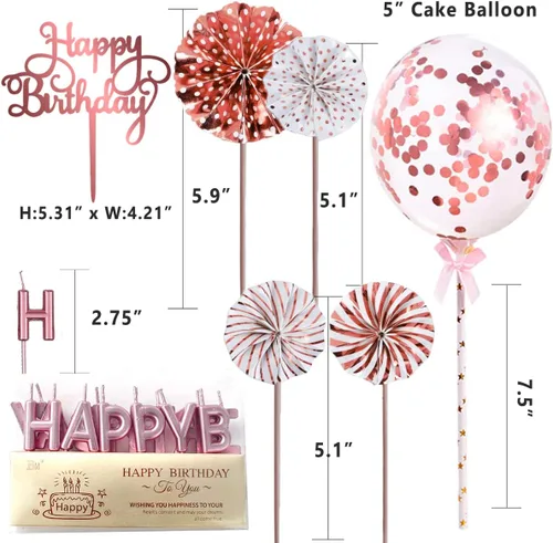Vista 7 de Decoración de pastel de oro rosa con velas de feliz cumpleaños, decoración de pastel de cumpleaños acrílico, globo de confeti y abanicos de papel