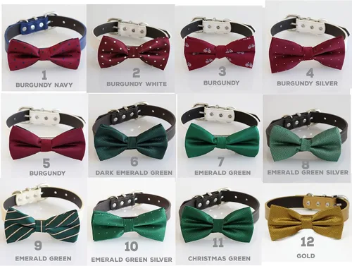 Vista 3 de Collar de perro con pajarita verde esmeralda oscuro, propuesta de boda collar de perro hecho a mano, collar de perro ajustable de cuero, collar