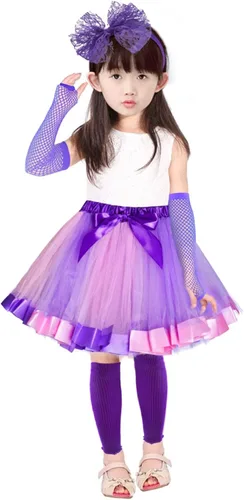 Vista 2 de jiebor Disfraces morados de los años 80, accesorios para niños y niñas, falda tutú, calentadores de piernas, guantes de red, collar, persianas