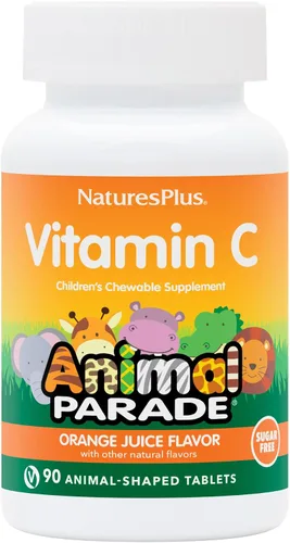 Vista 8 de NaturesPlus Animal Parade Vitamina C para niños sin azúcar, sabor a jugo de naranja natural, 90 tabletas masticables en forma de animales, apoyo