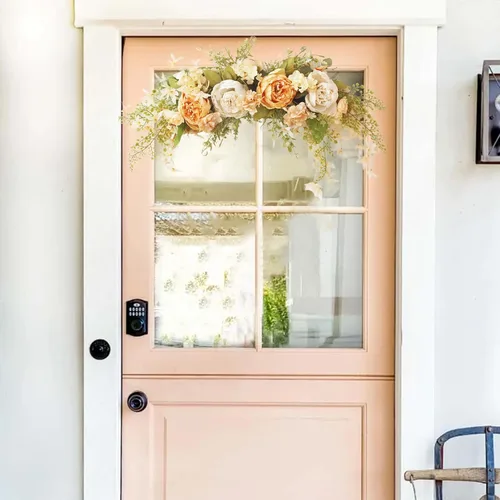 Vista 2 de Guirnalda de flores artificiales de peonía para puerta delantera, flores de arco de boda, 29.5 pulgadas con hortensia para dintel, boda, arco Naranja