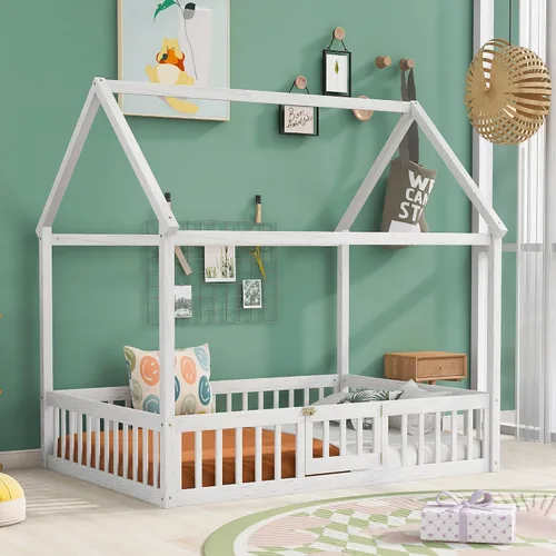 Vista 19 de RUNNA Marco de cama de madera de tamaño matrimonial con valla, para niños, adolescentes, niñas, niños, (Natural-Thinck 4col)