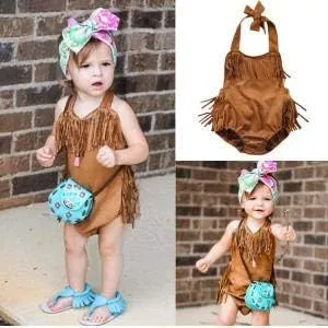 Vista 6 de Styles I Love Bebé Niña Verano Halter Fringe Ante Marrón Sunsuit Mameluco