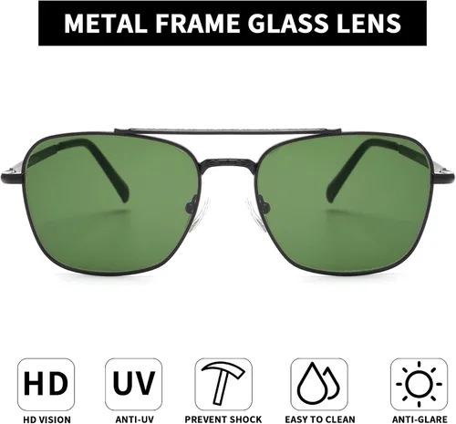 Vista 2 de JIM HALO Gafas de sol retro cuadradas estilo aviador con lente de cristal de alta calidad, gafas planas de metal para hombres y mujeres