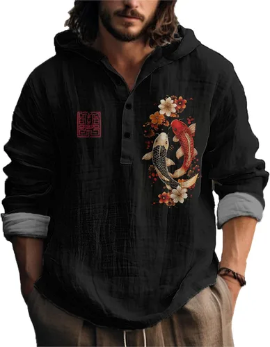Vista 19 de MARSVOVO Camisa con capucha para hombre, vintage, retro, de 3 botones, manga larga, ligera, ligera, a la moda, casual, para uso diario, primavera