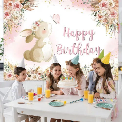 Vista 8 de MEHOFOND Fondo floral de cumpleaños para niñas, acuarela, bohemio, flores, conejo, día de Pascua, fotografía de fondo, pancarta de feliz cumpleaños