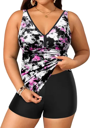 Vista 9 de Yonique Trajes de baño de talla grande para mujer con shorts, control de abdomen, tankini de dos piezas, traje de baño deportivo Aqua y flor azul