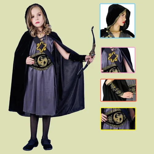 Vista 4 de DSplay Disfraz de cazadora con capucha para niñas, juego de rol, disfraz de fiesta de Halloween