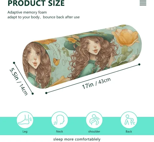 Vista 3 de Girl in A Hat and Flowers - Almohada cervical redonda para el cuello, almohada extraíble de espuma viscoelástica para dormir, soporte para cuello