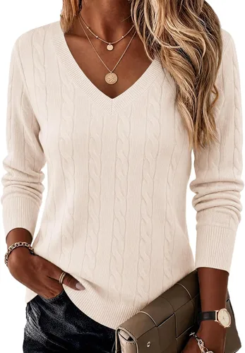 Vista 20 de Ekouaer Suéter de punto trenzado con cuello en V para mujer, manga larga Negro