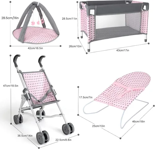 Vista 7 de deAO Muñeca de bebé, cochecito de cuna, cama de guardería, juego de rol, muñeca de bebé con accesorios y alfombra de juego, cuna de viaje, saltador