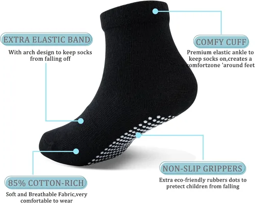 Vista 2 de Tenpluszero Calcetines de algodón antideslizantes para niños pequeños, calcetines de algodón con agarres para bebés, niños y niñas