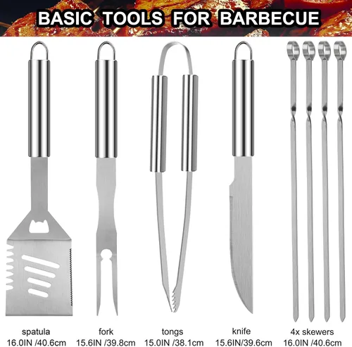 Vista 2 de Grilljoy Juego de 24 herramientas para parrilla de barbacoa con termómetro de carne e inyector, tenedor de acero inoxidable extragrueso, espátula
