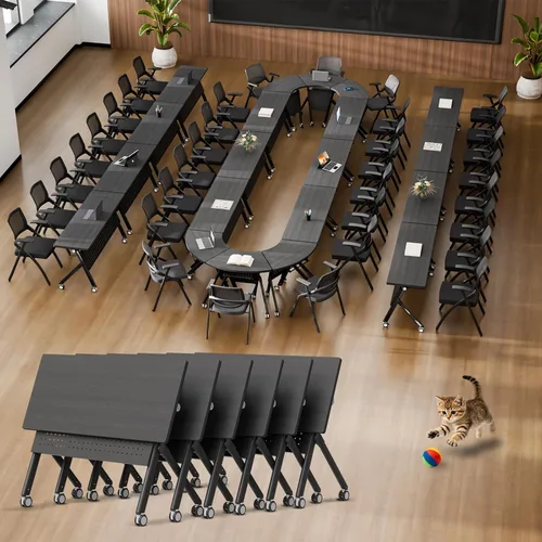 Vista 9 de Mesas de sala de conferencias blancas, mesa de conferencias rectangular plegable con ruedas para reuniones grandes, seminario en casa, oficina Gris