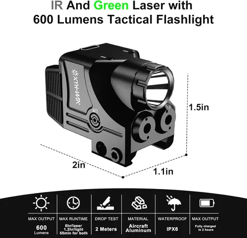 Vista 2 de XYH-Win 600 lúmenes luz táctica para arma con mira láser verde/IR, luz para pistola con función estroboscópica/constante, mira láser de doble