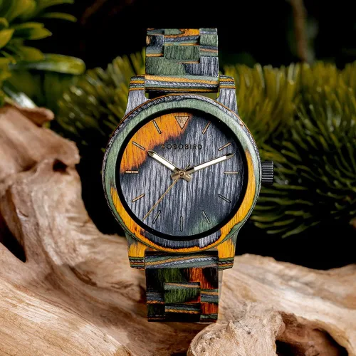 Vista 4 de BOBO BIRD Reloj de madera para hombre, reloj de pulsera analógico de cuarzo de moda, relojes de madera hechos a mano coloridos para hombres