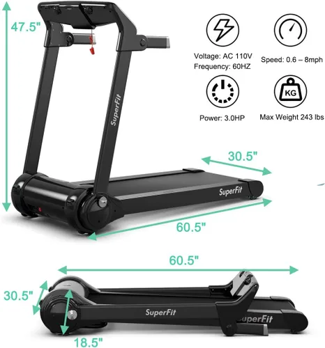 Vista 8 de Cinta de correr plegable motorizada 3.0HP, cintas de correr portátiles con pantalla digital HD, altavoz de dientes azules y control de aplicación