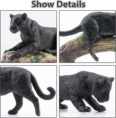 Vista 4 de Toymany 7 Piezas Figuras de Panteras Negras con Cachorro de Pantera y Tronco de Árbol, Figuras Realistas de Animales de la Selva Juego Familiar