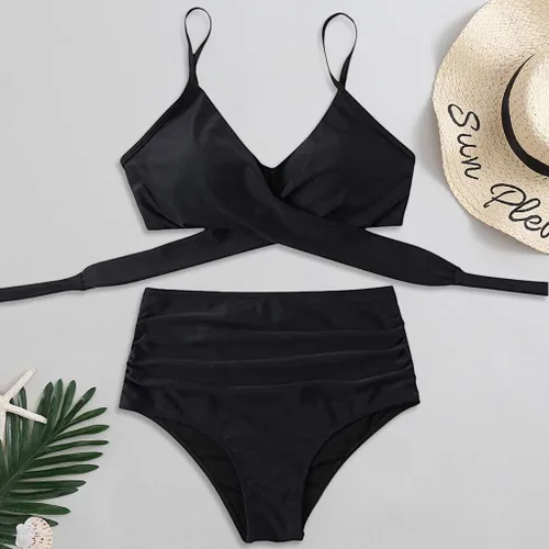 Vista 6 de Womens Swimsuits Two Piece High Waisted Tummy Control Bathing Suits Color Block Criss Cross Wrap Front Bikini Sets