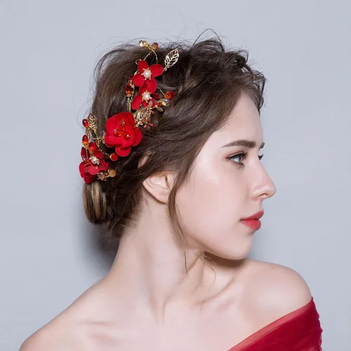 Vista 3 de Paquete de 2 pinzas para el pelo de flores rojas, horquillas de novia con flores de cristal, perla de cristal, accesorios de boda rojos para mujeres