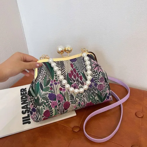 Vista 3 de Vintage Flower Embroidery Handbag,Kiss Lock Evening Shoulder Bag with Removable Shoulder Strap for Women