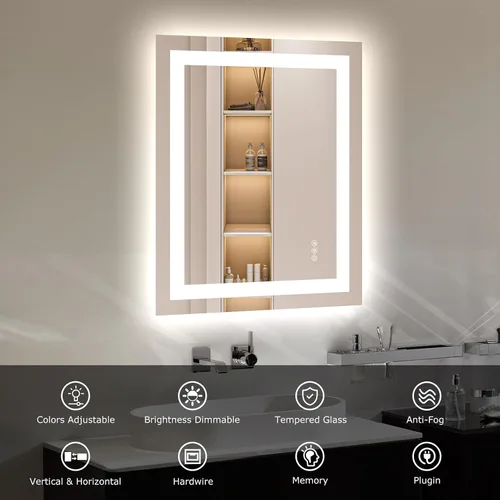 Vista 3 de Hivone - Espejo de baño LED de 24x30 pulgadas con luces, función antivaho, regulable, retroiluminado + iluminación frontal, espejo de tocador