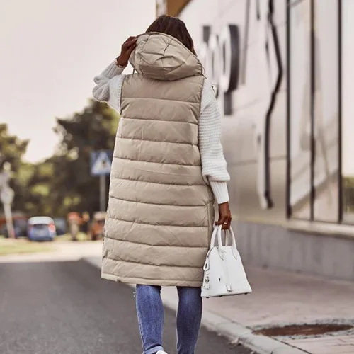 Vista 22 de Chaleco largo para mujer, sin mangas, acolchado, con cremallera, capucha, abrigo de invierno cálido, ligero, con bolsillos