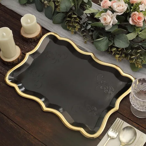 Vista 6 de Efavormart - Paquete de 10 bandejas rectangulares negras de 14 x 10 pulgadas con borde dorado, bandejas de papel resistentes de 400 GSM para bodas