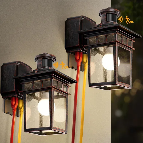 Vista 20 de Luces de Porche Exteriores con Sensor de Movimiento con Toma GFCI, 3 Modos de Luminaria Exterior del Anochecer al Amanecer, Luminaria de Iluminación