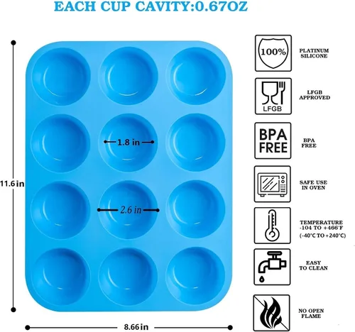 Vista 2 de JEWOSTER Molde de silicona para magdalenas de 12 tazas, paquete de 2 moldes de silicona antiadherentes, ideales para hacer magdalenas, pan, tarta