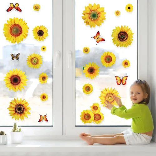 Vista 3 de 100 calcomanías de pared para ventana de girasol con mariposa 3D, decoración de vinilo de 1 a 4 pulgadas, calcomanías autoadhesivas de girasol