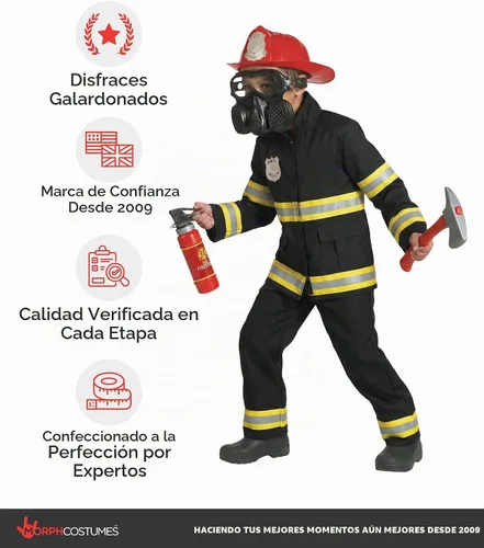 Vista 5 de Morph - Disfraz de bombero para niños (2 colores) - Disfraz de bombero y de bombero para niños, para Halloween Negro