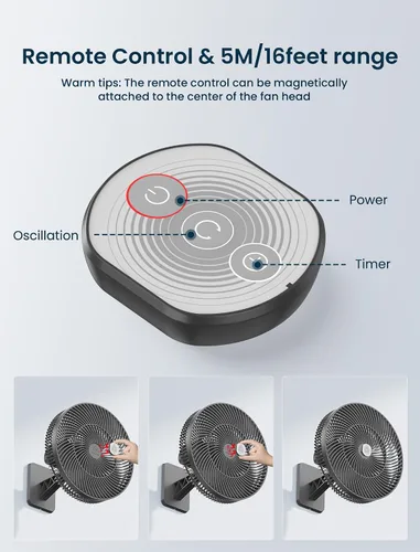 Vista 5 de Ventilador oscilante de montaje en pared de 12 pulgadas con control remoto y temporizador, ventilador silencioso de 4 velocidades