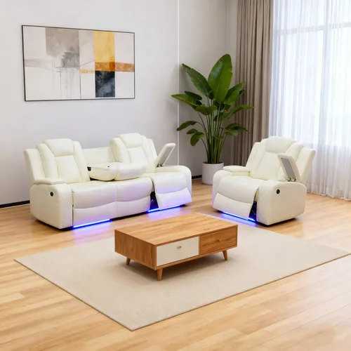 Vista 24 de Juego de sofá reclinable eléctrico para sala de estar, juego de sofá reclinable de cuero con luz LED, soporte para tazas, almacenamiento de consola