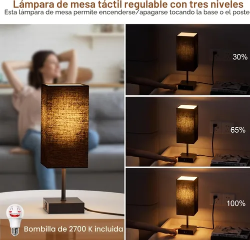 Vista 3 de Lámpara de mesa Sailstar para dormitorio, lámpara de noche táctil de 3 vías regulables, lámpara pequeña con 2 puertos de carga USB C+A, lámparas