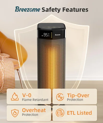 Vista 3 de BREEZOME Calentador de espacio para uso en interiores, calentador eléctrico de calentamiento rápido de 1500 W con termostato y temporizador de 24