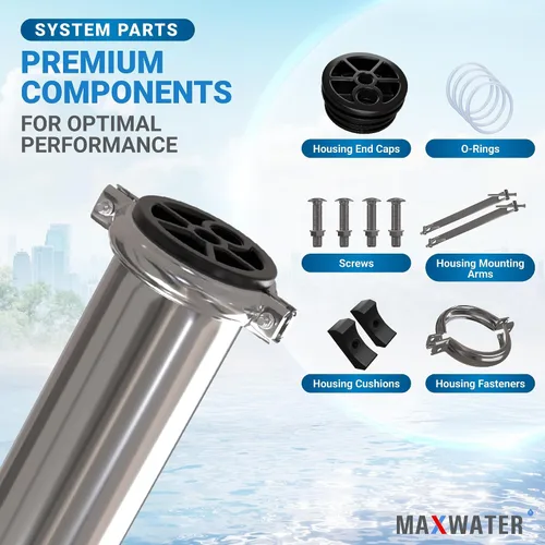 Vista 3 de Max Water Elemento de carcasa de acero inoxidable 2540 de membrana de 2.5" x 40" - Acero inoxidable 304, puertos de alimentación y drenaje NPTF