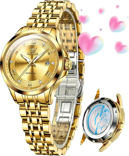 Vista 13 de OLEVS - Reloj automático de lujo para mujer con diamantes, fecha, clásico, de cuerda automática, relojes de pulsera luminosos e impermeables