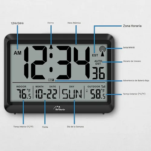 Vista 7 de WallarGe Reloj atómico digital de 8.5 pulgadas con temperatura