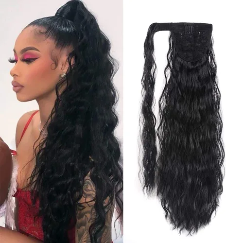 Vista 12 de Extensión de cola de caballo con clip de onda de maíz, 22 pulgadas de largo, ondulado, rizado, envolvente, resistente al calor, sintético, postizo