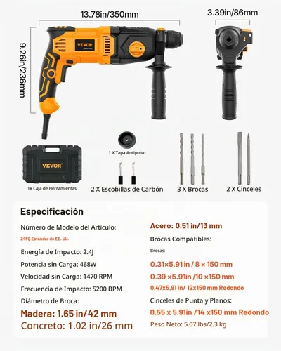 Vista 7 de VEVOR Taladro de martillo rotatorio SDS-Plus de 1 pulgada, taladros con cable de 8 amperios, martillos cinceladores resistentes con embrague
