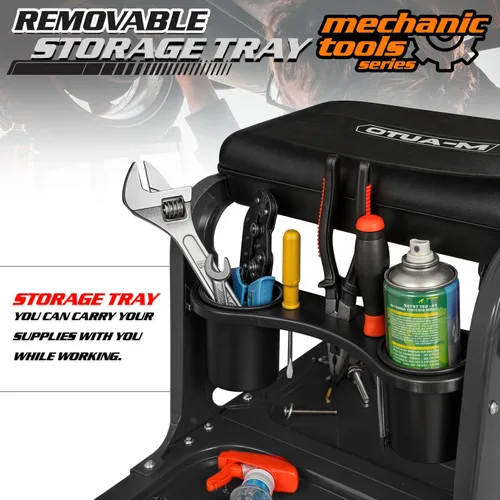 Vista 6 de M-AUTO Asiento de rodillo para garaje, taburete de taller mecánico resistente con bandeja para herramientas y estante para equipos, asiento